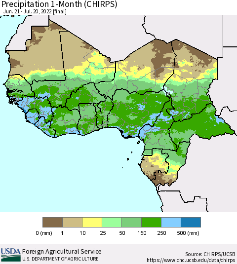 Western Africa Precipitation 1-Month (CHIRPS) Thematic Map For 6/21/2022 - 7/20/2022