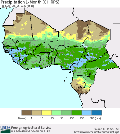 Western Africa Precipitation 1-Month (CHIRPS) Thematic Map For 6/26/2022 - 7/25/2022