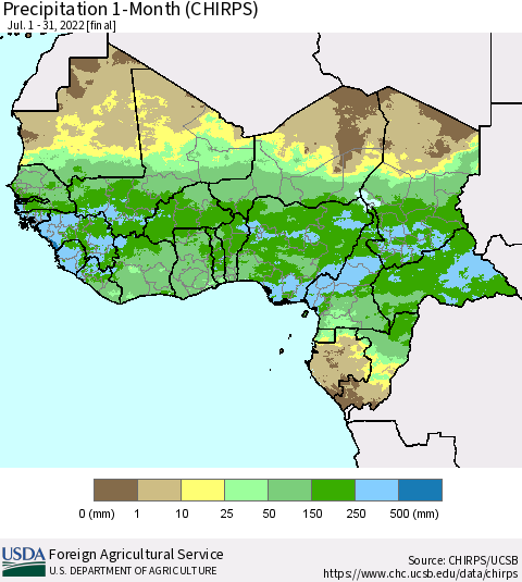 Western Africa Precipitation 1-Month (CHIRPS) Thematic Map For 7/1/2022 - 7/31/2022