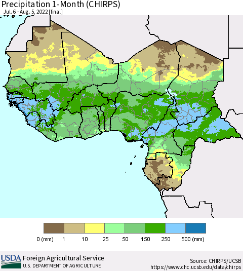 Western Africa Precipitation 1-Month (CHIRPS) Thematic Map For 7/6/2022 - 8/5/2022