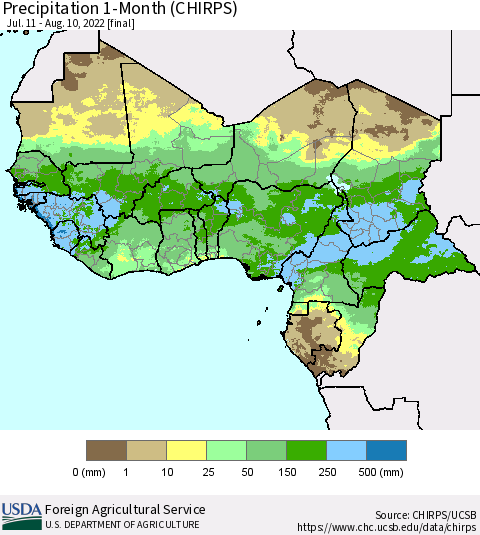 Western Africa Precipitation 1-Month (CHIRPS) Thematic Map For 7/11/2022 - 8/10/2022