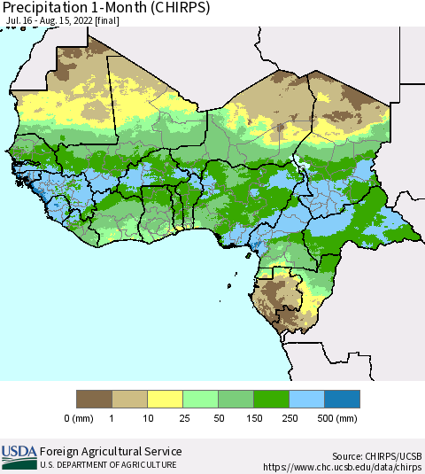 Western Africa Precipitation 1-Month (CHIRPS) Thematic Map For 7/16/2022 - 8/15/2022