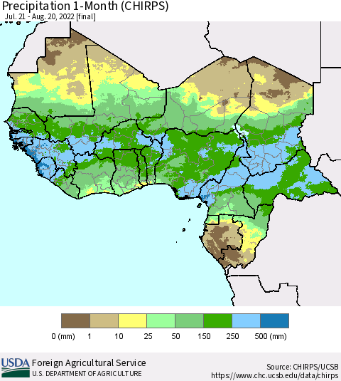 Western Africa Precipitation 1-Month (CHIRPS) Thematic Map For 7/21/2022 - 8/20/2022