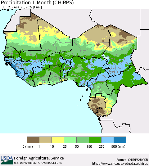 Western Africa Precipitation 1-Month (CHIRPS) Thematic Map For 7/26/2022 - 8/25/2022