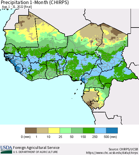 Western Africa Precipitation 1-Month (CHIRPS) Thematic Map For 8/1/2022 - 8/31/2022