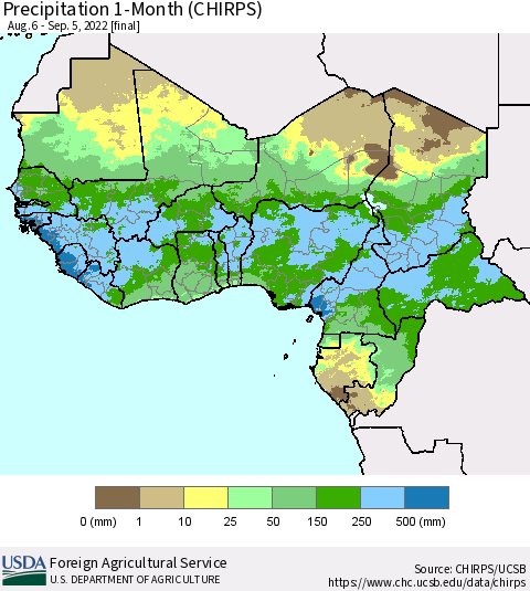 Western Africa Precipitation 1-Month (CHIRPS) Thematic Map For 8/6/2022 - 9/5/2022