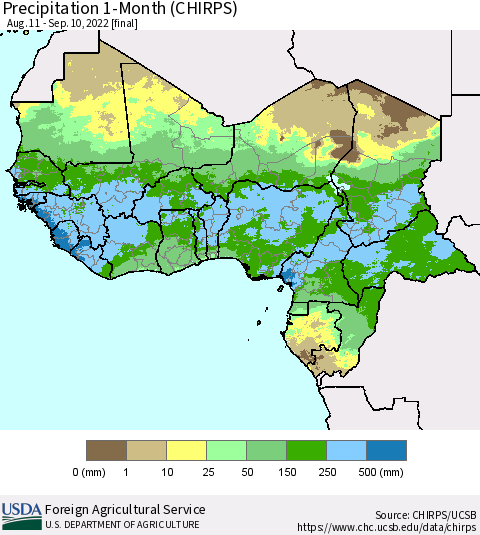 Western Africa Precipitation 1-Month (CHIRPS) Thematic Map For 8/11/2022 - 9/10/2022