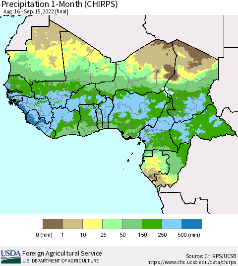Western Africa Precipitation 1-Month (CHIRPS) Thematic Map For 8/16/2022 - 9/15/2022