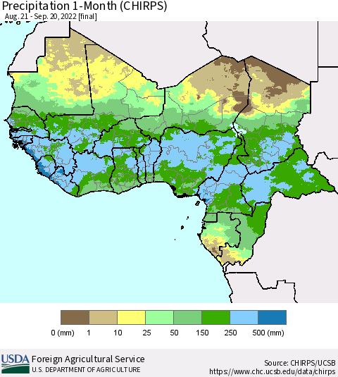 Western Africa Precipitation 1-Month (CHIRPS) Thematic Map For 8/21/2022 - 9/20/2022