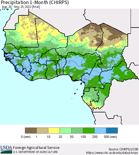 Western Africa Precipitation 1-Month (CHIRPS) Thematic Map For 8/26/2022 - 9/25/2022