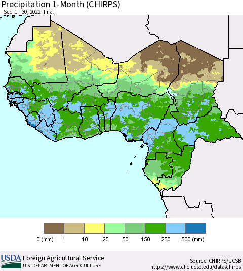 Western Africa Precipitation 1-Month (CHIRPS) Thematic Map For 9/1/2022 - 9/30/2022