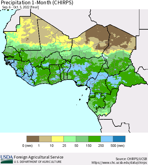 Western Africa Precipitation 1-Month (CHIRPS) Thematic Map For 9/6/2022 - 10/5/2022