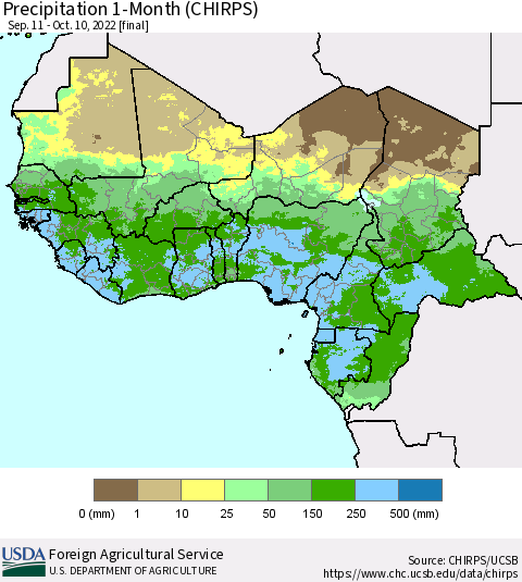 Western Africa Precipitation 1-Month (CHIRPS) Thematic Map For 9/11/2022 - 10/10/2022