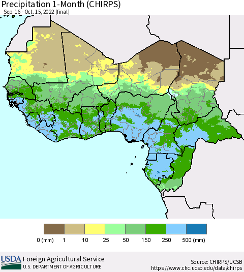 Western Africa Precipitation 1-Month (CHIRPS) Thematic Map For 9/16/2022 - 10/15/2022