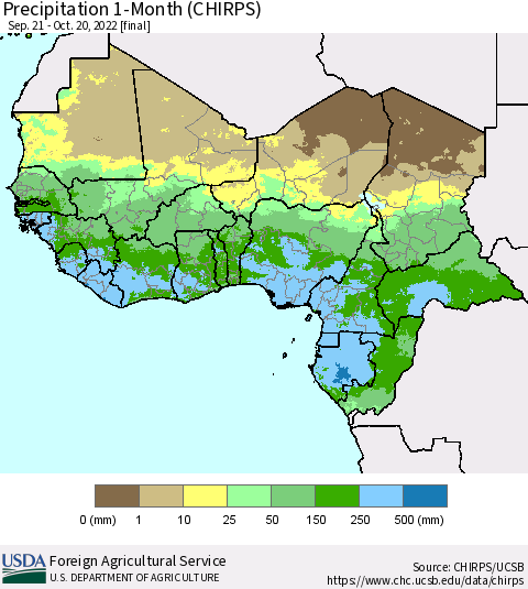 Western Africa Precipitation 1-Month (CHIRPS) Thematic Map For 9/21/2022 - 10/20/2022