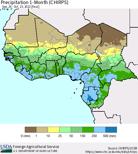 Western Africa Precipitation 1-Month (CHIRPS) Thematic Map For 9/26/2022 - 10/25/2022