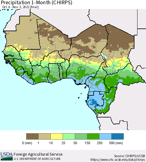 Western Africa Precipitation 1-Month (CHIRPS) Thematic Map For 10/6/2022 - 11/5/2022
