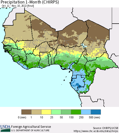Western Africa Precipitation 1-Month (CHIRPS) Thematic Map For 10/11/2022 - 11/10/2022