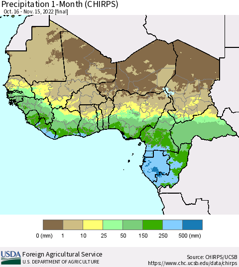 Western Africa Precipitation 1-Month (CHIRPS) Thematic Map For 10/16/2022 - 11/15/2022