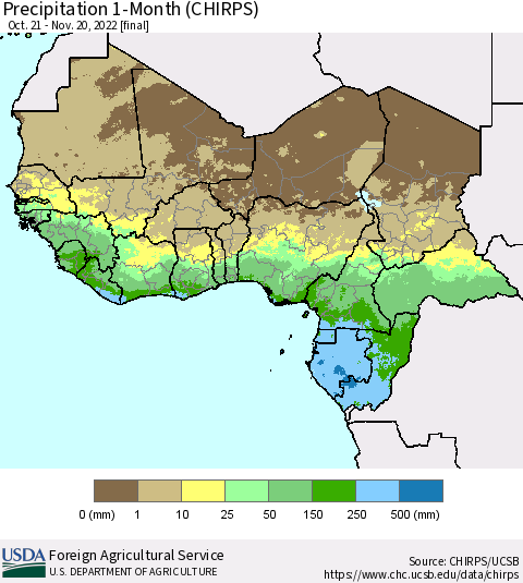 Western Africa Precipitation 1-Month (CHIRPS) Thematic Map For 10/21/2022 - 11/20/2022