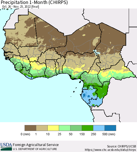 Western Africa Precipitation 1-Month (CHIRPS) Thematic Map For 10/26/2022 - 11/25/2022