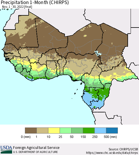 Western Africa Precipitation 1-Month (CHIRPS) Thematic Map For 11/1/2022 - 11/30/2022