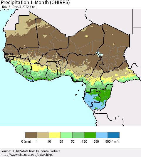 Western Africa Precipitation 1-Month (CHIRPS) Thematic Map For 11/6/2022 - 12/5/2022