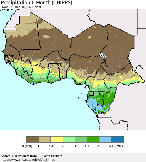 Western Africa Precipitation 1-Month (CHIRPS) Thematic Map For 11/11/2022 - 12/10/2022