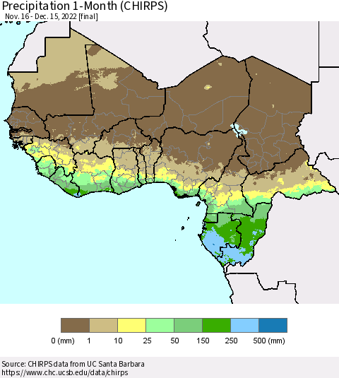 Western Africa Precipitation 1-Month (CHIRPS) Thematic Map For 11/16/2022 - 12/15/2022