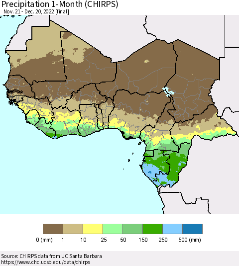 Western Africa Precipitation 1-Month (CHIRPS) Thematic Map For 11/21/2022 - 12/20/2022