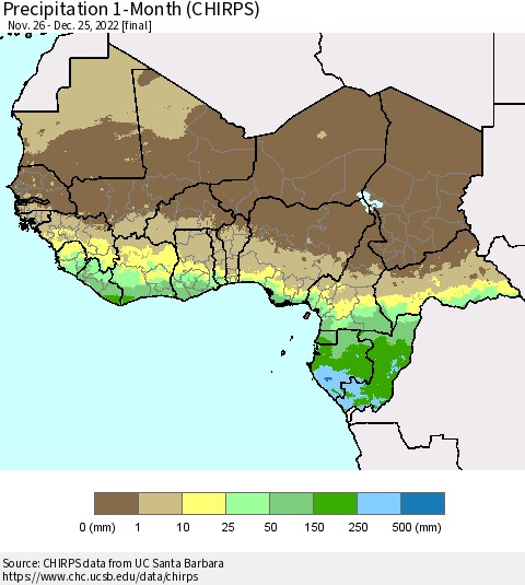 Western Africa Precipitation 1-Month (CHIRPS) Thematic Map For 11/26/2022 - 12/25/2022