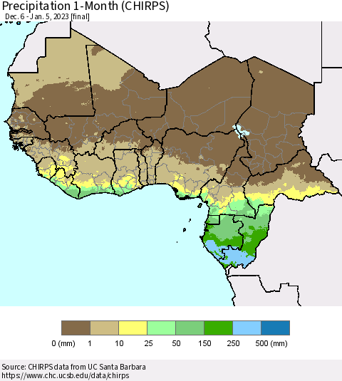 Western Africa Precipitation 1-Month (CHIRPS) Thematic Map For 12/6/2022 - 1/5/2023