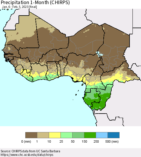 Western Africa Precipitation 1-Month (CHIRPS) Thematic Map For 1/6/2023 - 2/5/2023