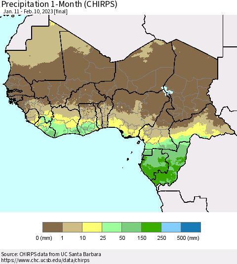 Western Africa Precipitation 1-Month (CHIRPS) Thematic Map For 1/11/2023 - 2/10/2023