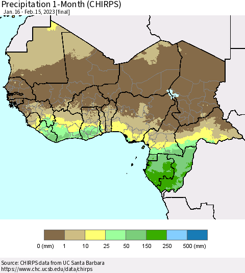 Western Africa Precipitation 1-Month (CHIRPS) Thematic Map For 1/16/2023 - 2/15/2023
