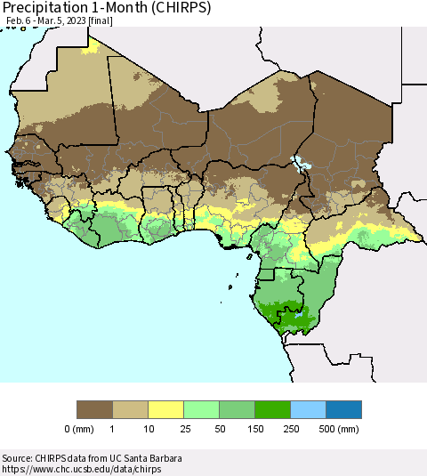 Western Africa Precipitation 1-Month (CHIRPS) Thematic Map For 2/6/2023 - 3/5/2023