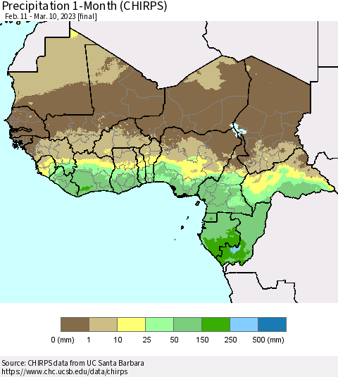 Western Africa Precipitation 1-Month (CHIRPS) Thematic Map For 2/11/2023 - 3/10/2023