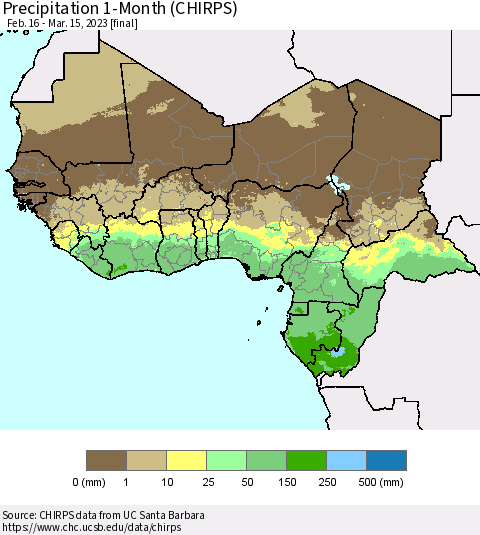 Western Africa Precipitation 1-Month (CHIRPS) Thematic Map For 2/16/2023 - 3/15/2023