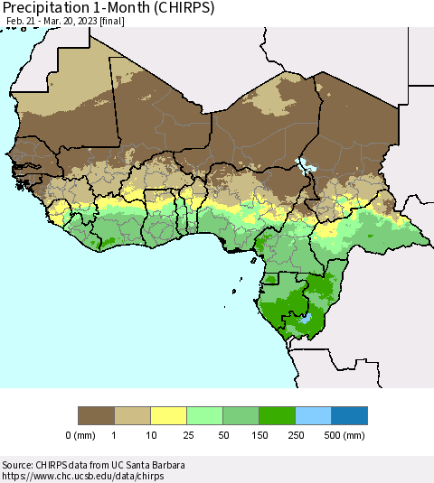 Western Africa Precipitation 1-Month (CHIRPS) Thematic Map For 2/21/2023 - 3/20/2023