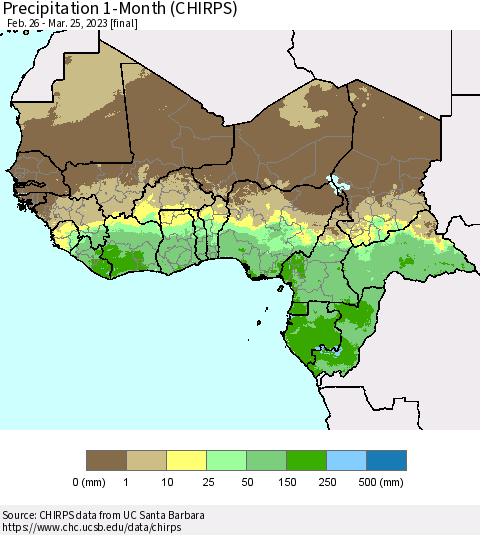 Western Africa Precipitation 1-Month (CHIRPS) Thematic Map For 2/26/2023 - 3/25/2023
