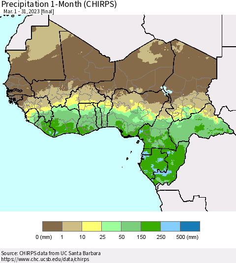 Western Africa Precipitation 1-Month (CHIRPS) Thematic Map For 3/1/2023 - 3/31/2023