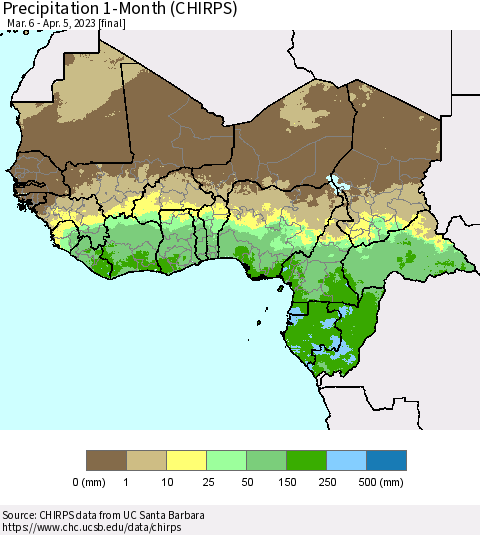 Western Africa Precipitation 1-Month (CHIRPS) Thematic Map For 3/6/2023 - 4/5/2023