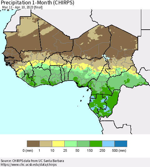 Western Africa Precipitation 1-Month (CHIRPS) Thematic Map For 3/11/2023 - 4/10/2023
