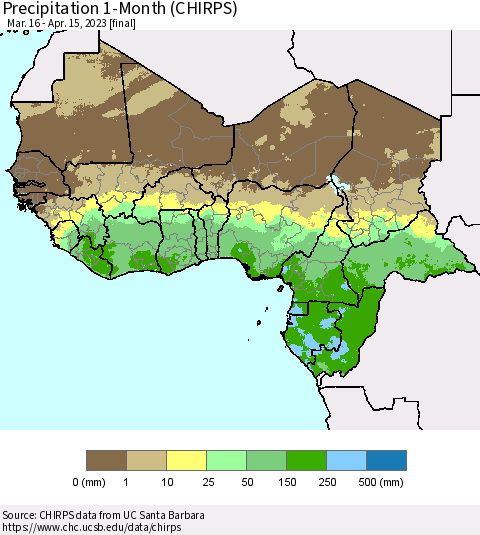 Western Africa Precipitation 1-Month (CHIRPS) Thematic Map For 3/16/2023 - 4/15/2023