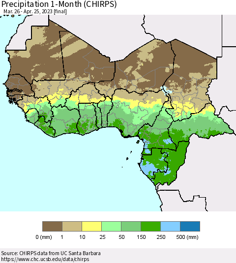 Western Africa Precipitation 1-Month (CHIRPS) Thematic Map For 3/26/2023 - 4/25/2023