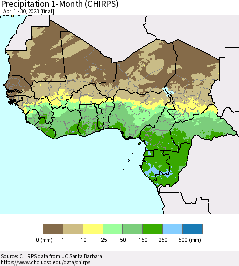 Western Africa Precipitation 1-Month (CHIRPS) Thematic Map For 4/1/2023 - 4/30/2023
