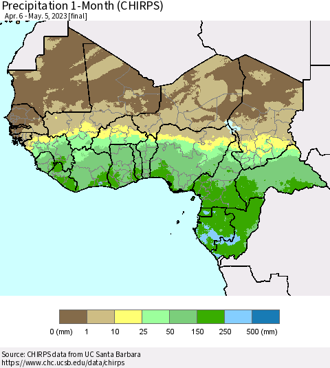 Western Africa Precipitation 1-Month (CHIRPS) Thematic Map For 4/6/2023 - 5/5/2023