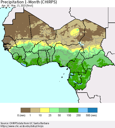 Western Africa Precipitation 1-Month (CHIRPS) Thematic Map For 4/16/2023 - 5/15/2023