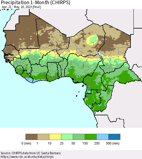 Western Africa Precipitation 1-Month (CHIRPS) Thematic Map For 4/21/2023 - 5/20/2023