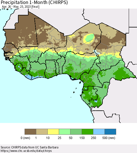 Western Africa Precipitation 1-Month (CHIRPS) Thematic Map For 4/26/2023 - 5/25/2023